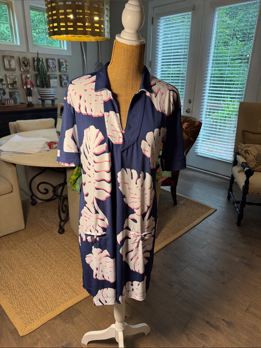 Tori Richard Navy Shirt with Cream and Pink Floral Print large